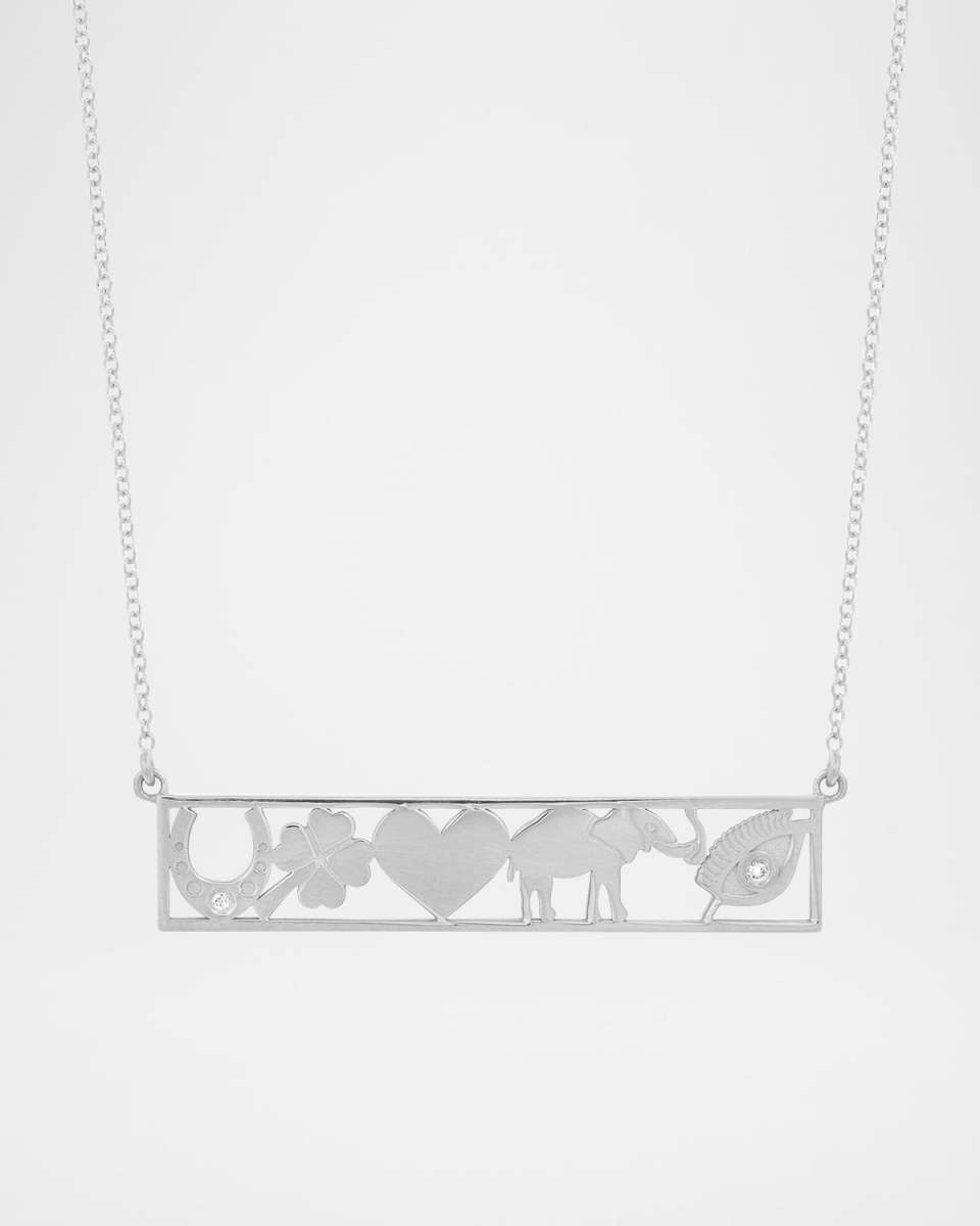18K White Gold Diamond Good Luck Bar Necklace